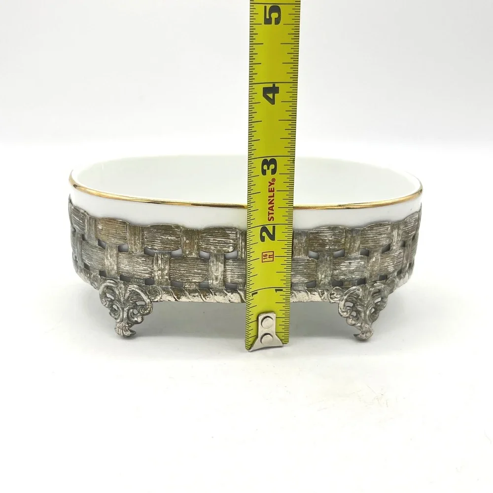 Vintage Oval Ceramic Soap Dish with Ornate Silver Metal Footed Basket